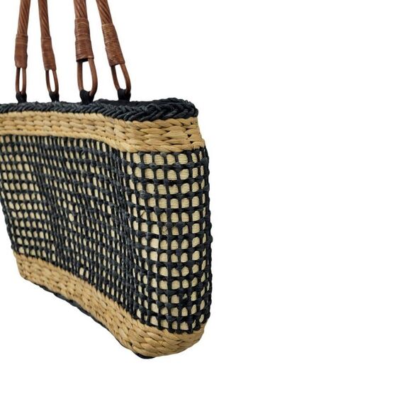 The Sak Woven Straw Rattan Basket Tote Bag Black Neutral Checkered Top Handle - Picture 6 of 8